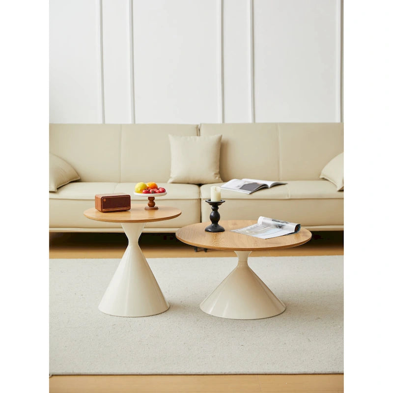 Modern Simple Coffee Table Round Coffee Table with Double Cone Table Frame Car Steel Coffee Table Base, for Living Room