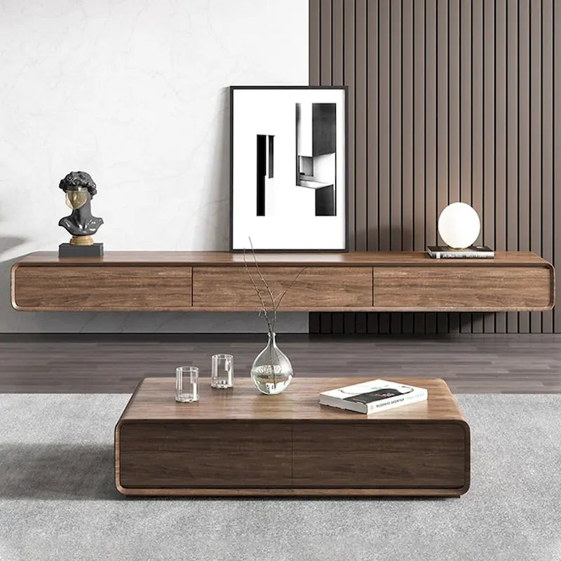 Modern Floating Wall-Mounted TV Stand, 3/4 Drawers, Solid Wood