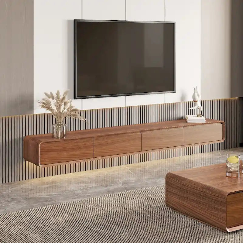 Modern Floating Wall-Mounted TV Stand, 3/4 Drawers, Solid Wood