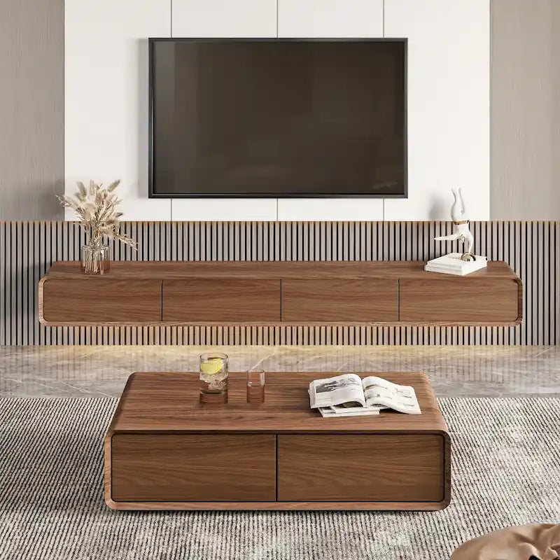 Modern Floating Wall-Mounted TV Stand, 3/4 Drawers, Solid Wood