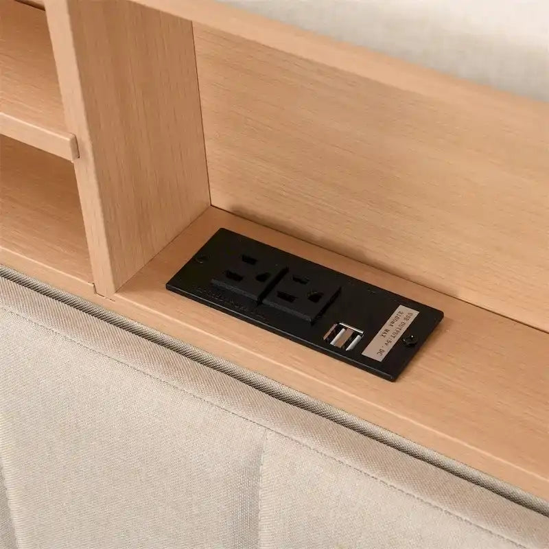 Upholstered Platform Bed with Storage Headboard and USB Port
