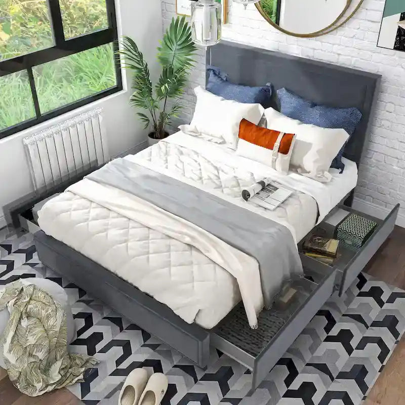Modern 4-Drawer Fabric Platform Bed
