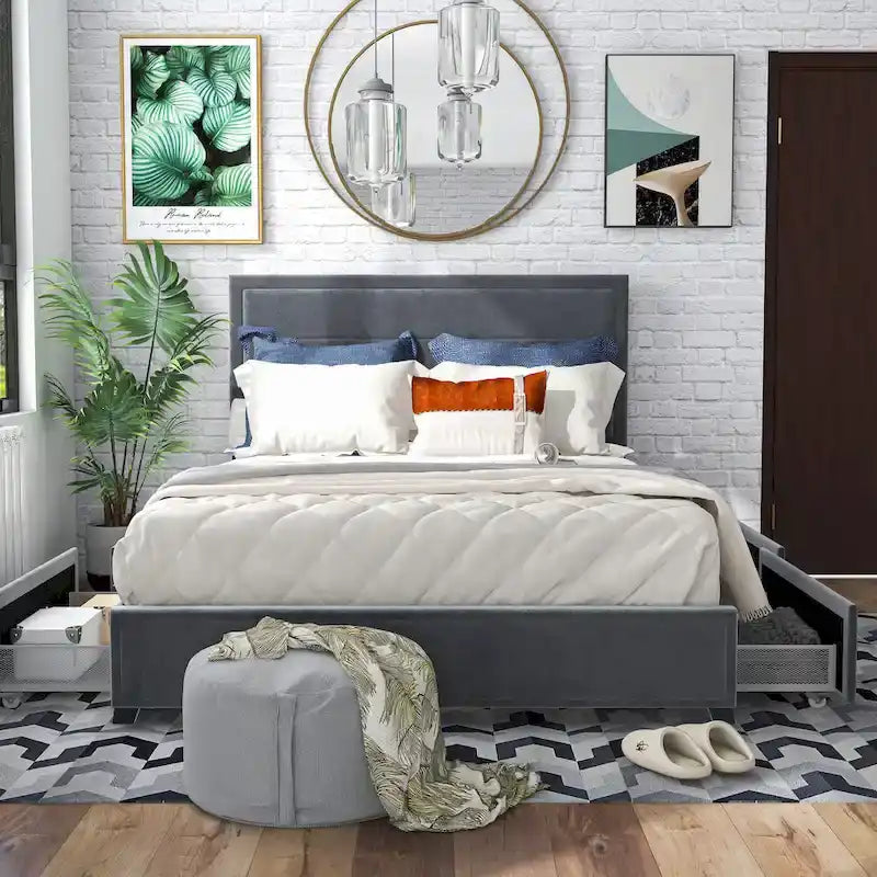 Modern 4-Drawer Fabric Platform Bed