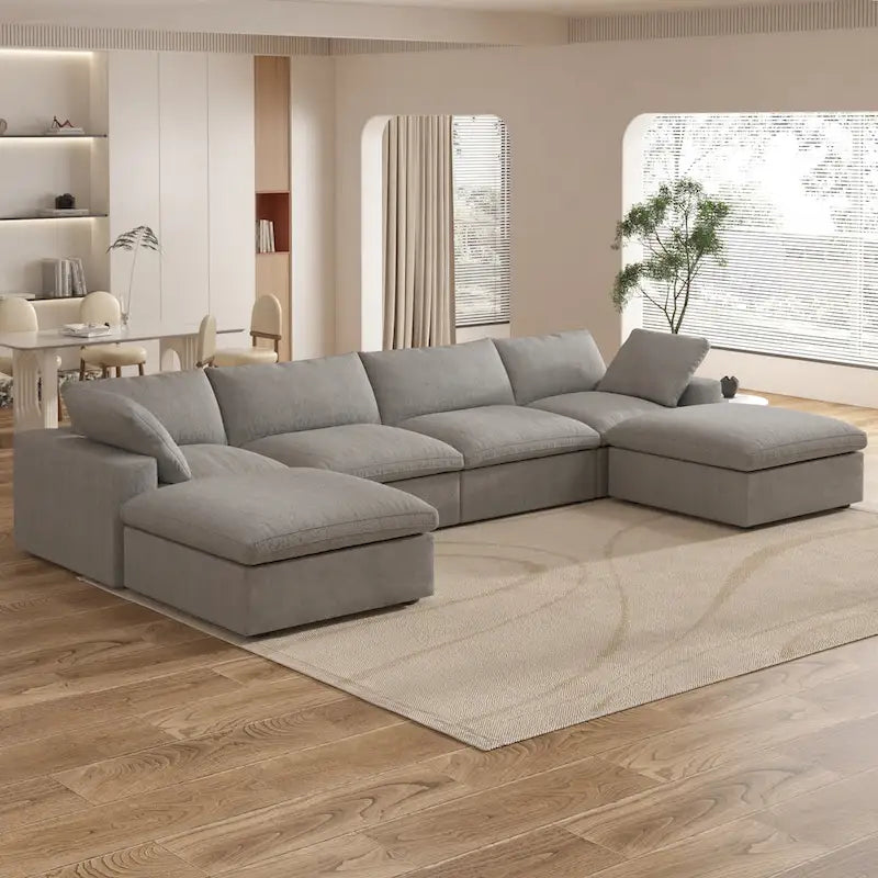 Large Modular Sectional Sofa Down Filled U-Shaped 4 Seater with 2 Ottoman