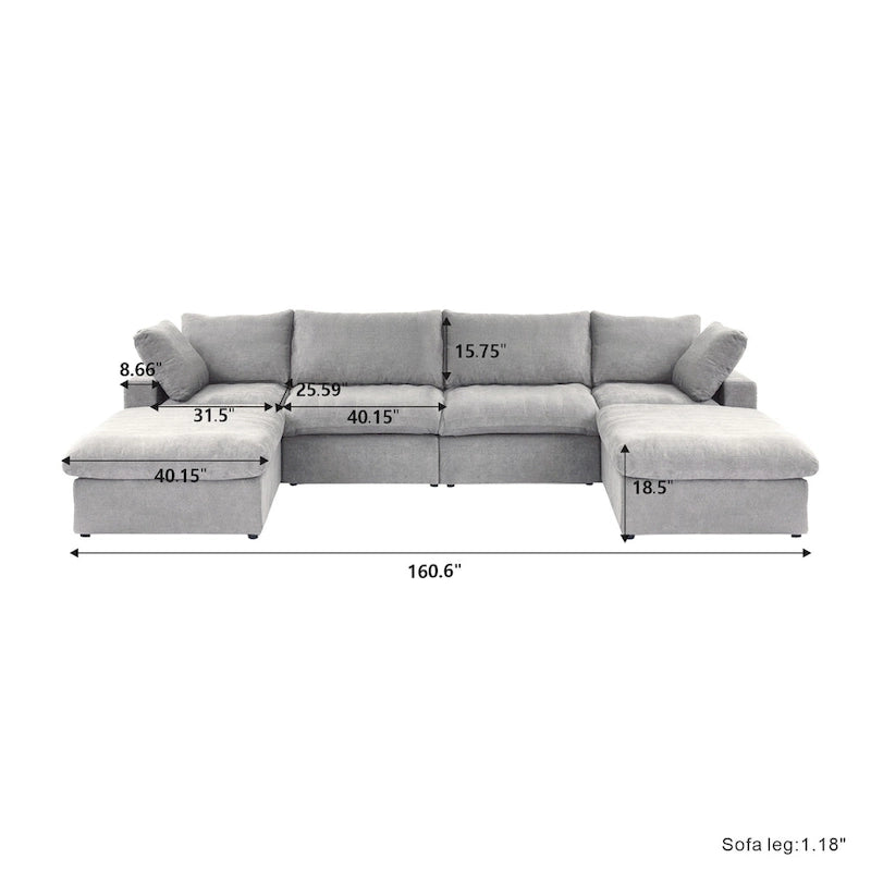 Large Modular Sectional Sofa Down Filled U-Shaped 4 Seater with 2 Ottoman
