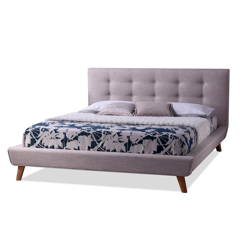 Mid-Century Beige Upholstered King Platform Bed