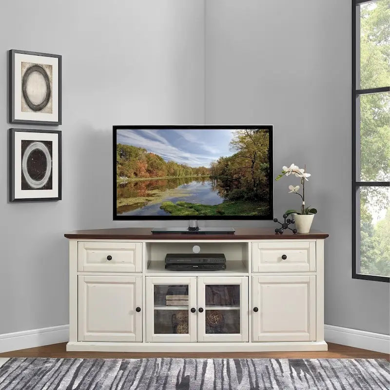 60" Corner TV Stand, White with Mahogany Top