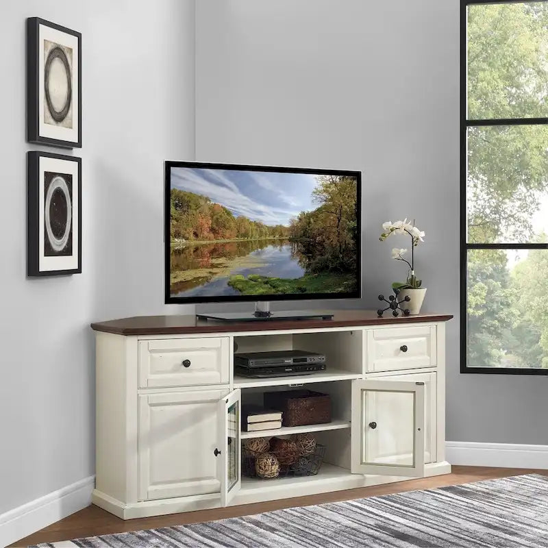 60" Corner TV Stand, White with Mahogany Top