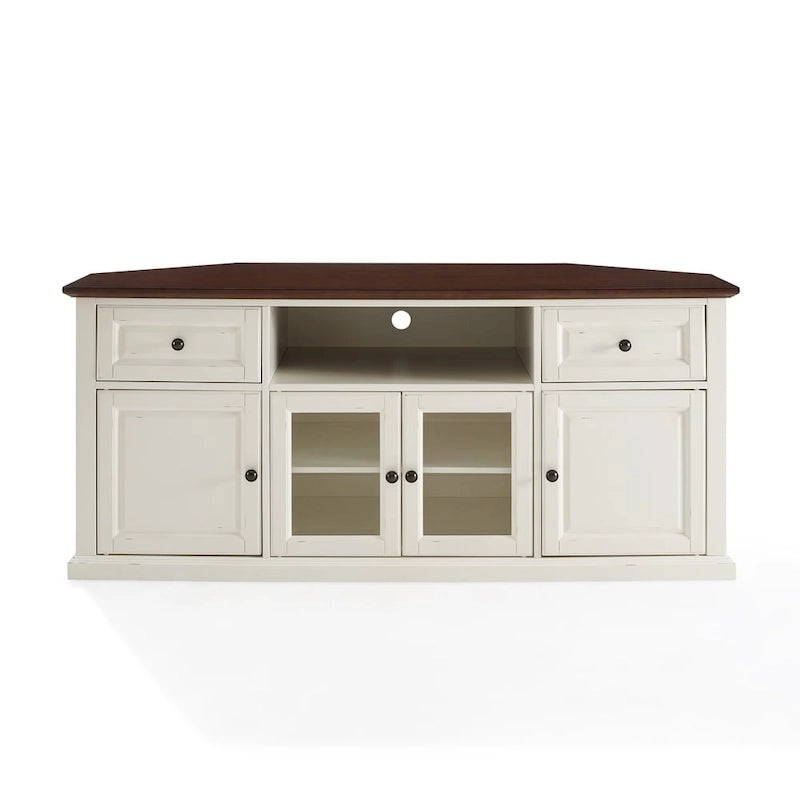 60" Corner TV Stand, White with Mahogany Top