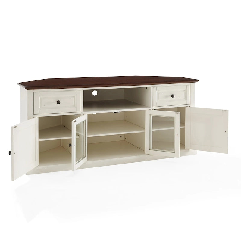60" Corner TV Stand, White with Mahogany Top