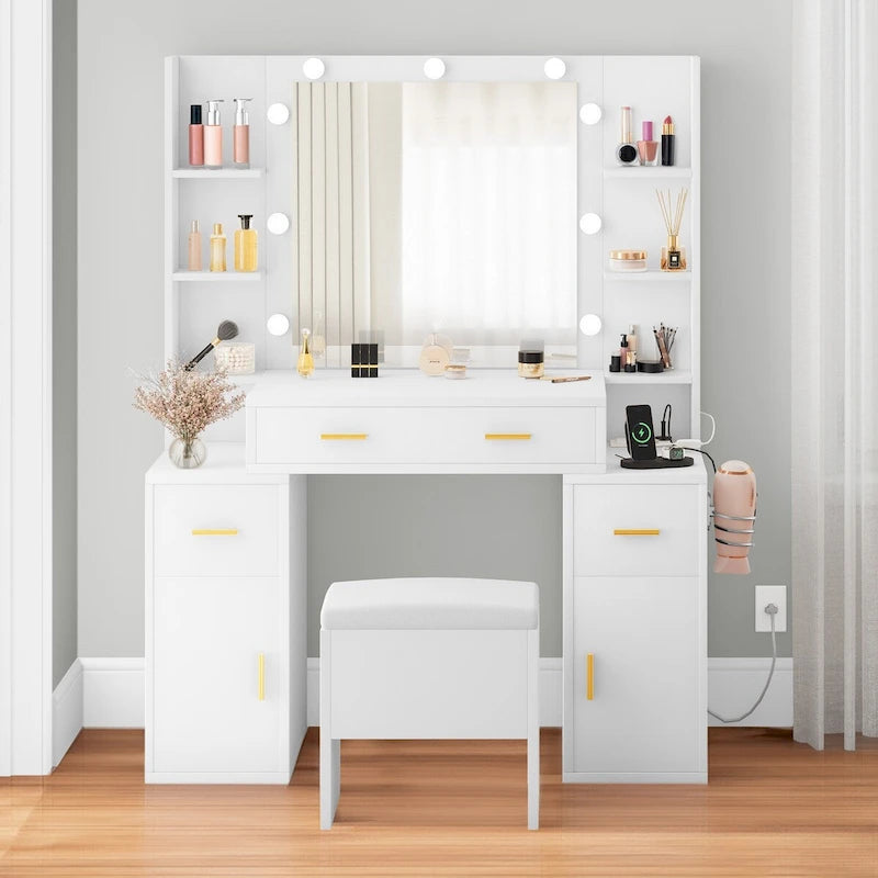 Vanity with Built-In Outlets and Lighted Mirror, 55.1"H x 43.3"L x 15.74"W