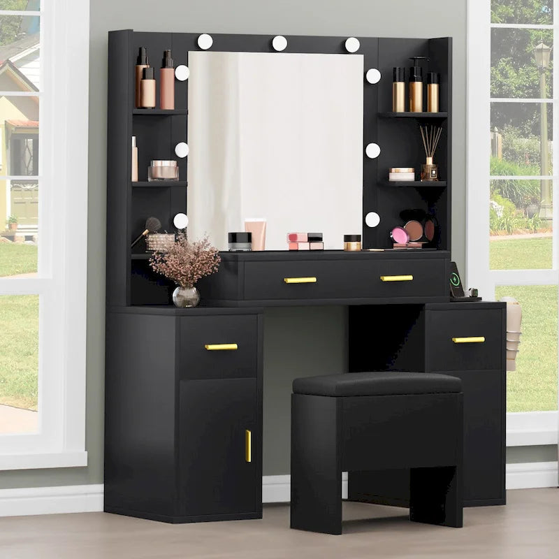Vanity with Built-In Outlets and Lighted Mirror, 55.1"H x 43.3"L x 15.74"W