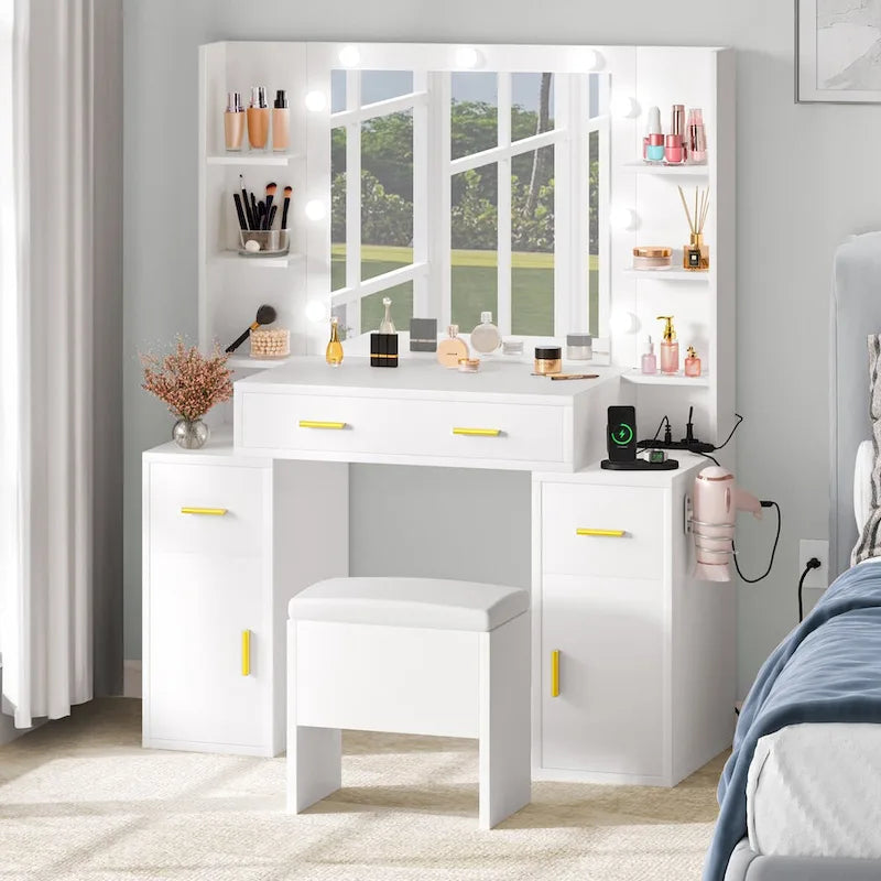 Vanity with Built-In Outlets and Lighted Mirror, 55.1"H x 43.3"L x 15.74"W