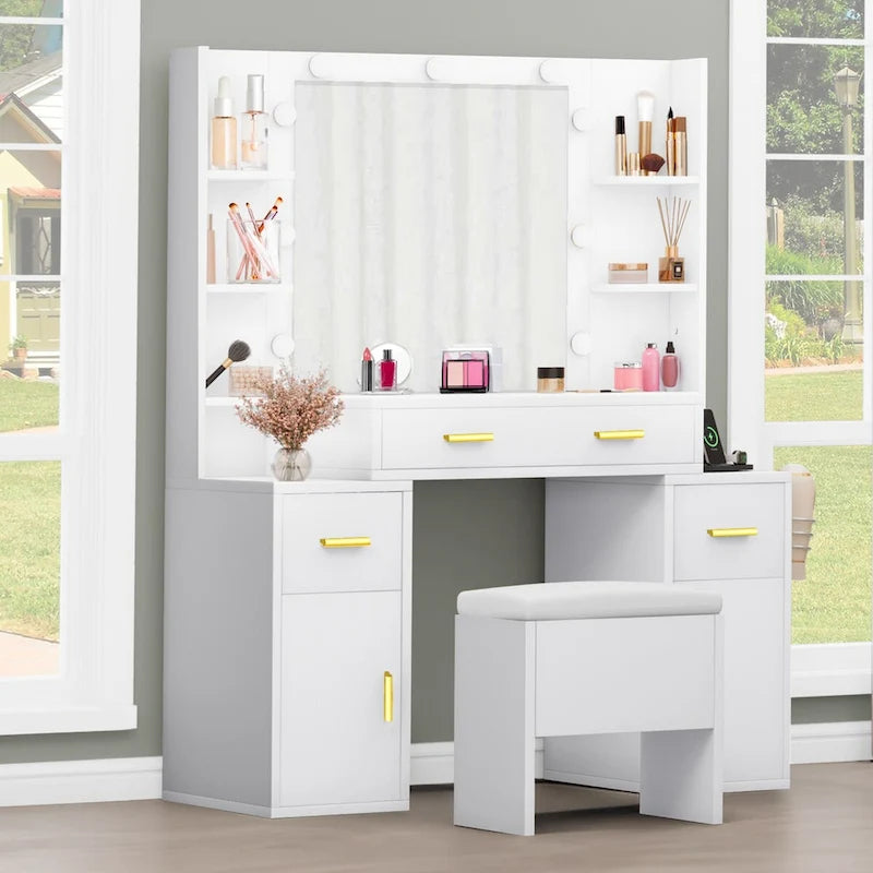 Vanity with Built-In Outlets and Lighted Mirror, 55.1"H x 43.3"L x 15.74"W