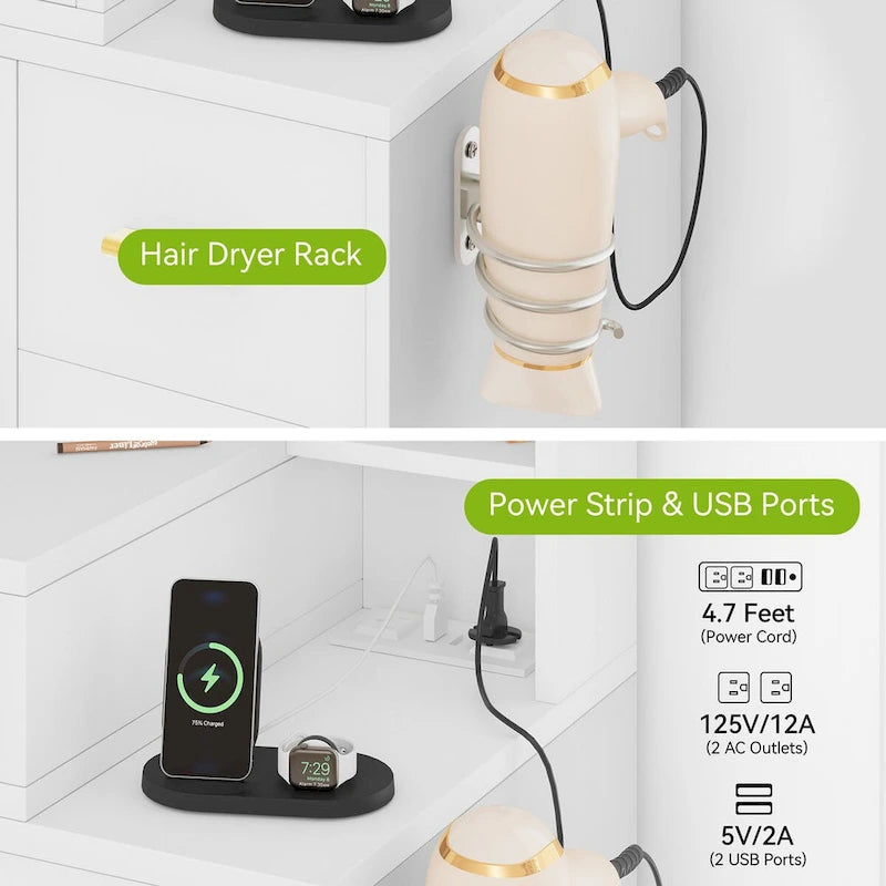 Vanity with Built-In Outlets and Lighted Mirror, 55.1"H x 43.3"L x 15.74"W