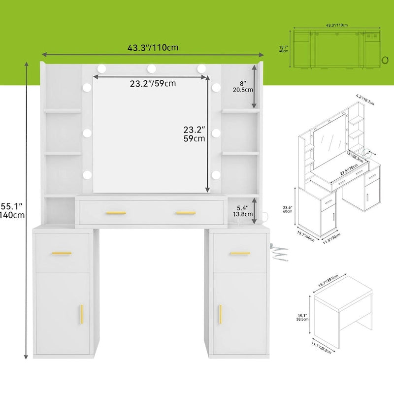 Vanity with Built-In Outlets and Lighted Mirror, 55.1"H x 43.3"L x 15.74"W