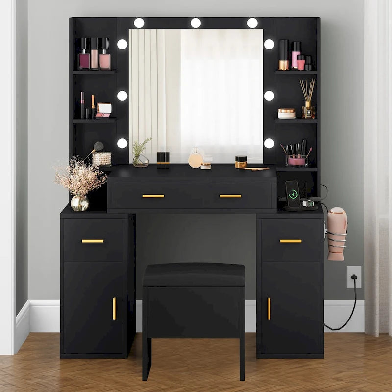 Vanity with Built-In Outlets and Lighted Mirror, 55.1"H x 43.3"L x 15.74"W