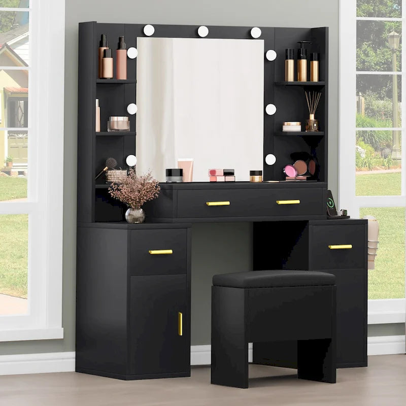 Vanity with Built-In Outlets and Lighted Mirror, 55.1"H x 43.3"L x 15.74"W