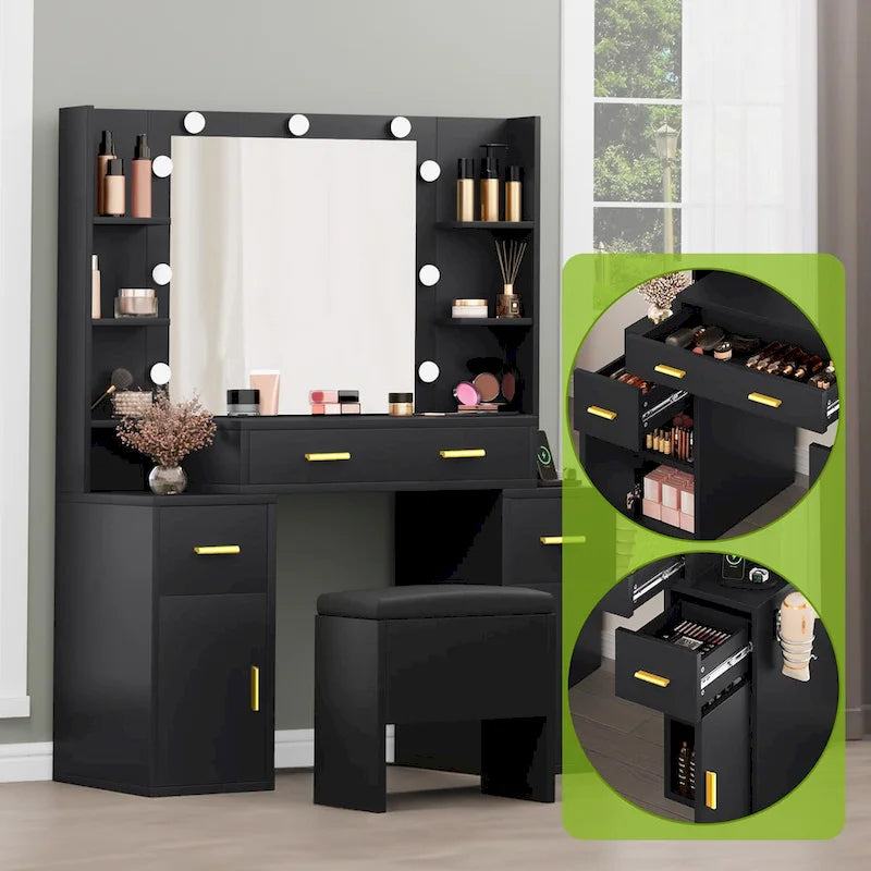 Vanity with Built-In Outlets and Lighted Mirror, 55.1"H x 43.3"L x 15.74"W