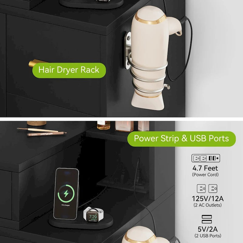 Vanity with Built-In Outlets and Lighted Mirror, 55.1"H x 43.3"L x 15.74"W