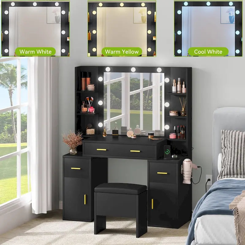 Vanity with Built-In Outlets and Lighted Mirror, 55.1"H x 43.3"L x 15.74"W