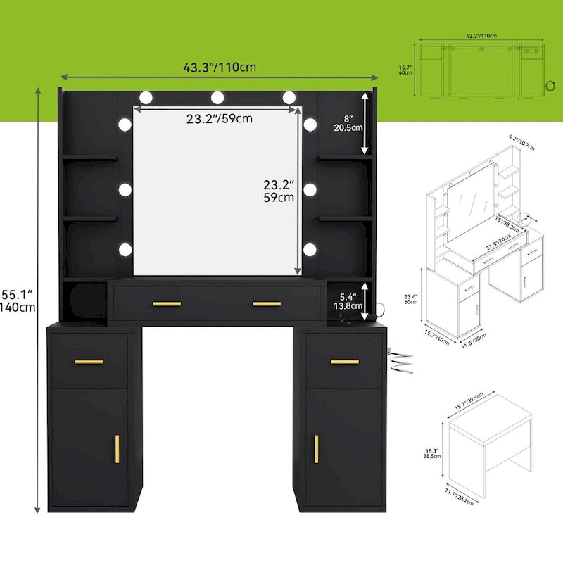 Vanity with Built-In Outlets and Lighted Mirror, 55.1"H x 43.3"L x 15.74"W