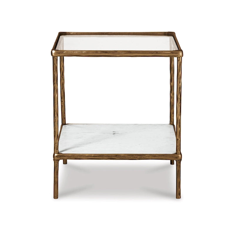 25 Inch Accent Table, Square Glass Tabletop, Marble, Antique Gold