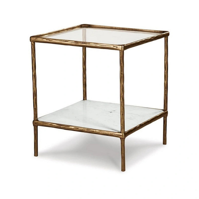 25 Inch Accent Table, Square Glass Tabletop, Marble, Antique Gold