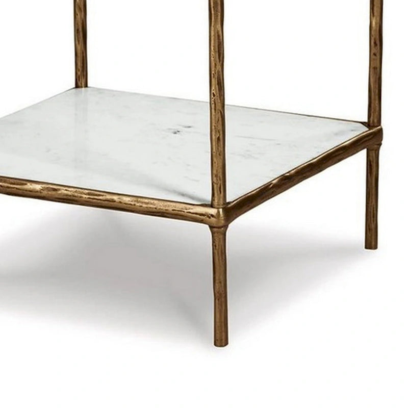 25 Inch Accent Table, Square Glass Tabletop, Marble, Antique Gold
