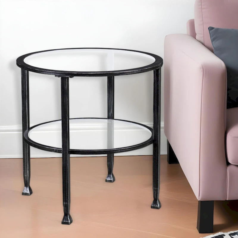 24" Black Glass and Iron Round End Table - 24x24x24