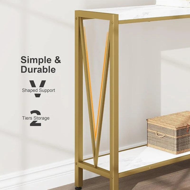 Console Table, 2-Tier Entryway Table with Storage, Narrow Sofa Table with V Design